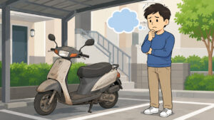 原付不動車の買い取りを検討する日本人男性と放置スクーター