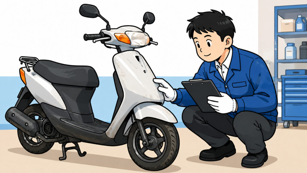 原付不動車の査定ポイントを確認する日本人整備士