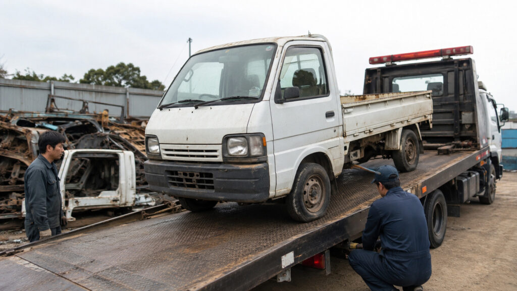 不動車の軽トラをレッカーで積み込むスクラップ買取作業