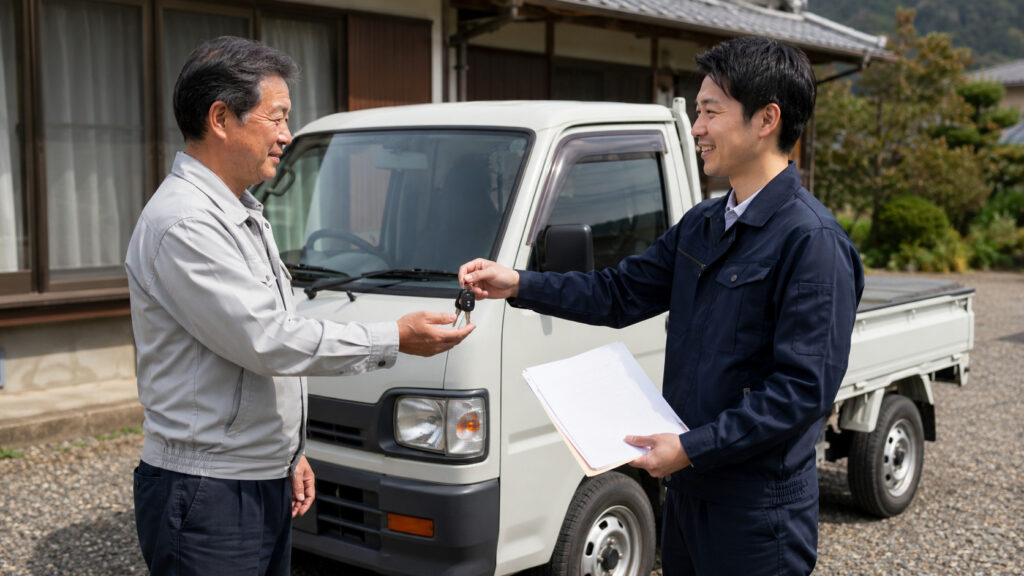 軽トラ買取の手続きで鍵を受け渡す日本人スタッフと売