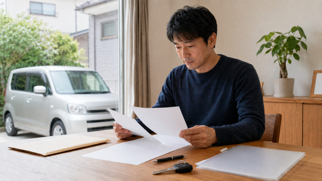 軽自動車の廃車手続きに必要な書類と還付金を自宅で確認する日本人男性