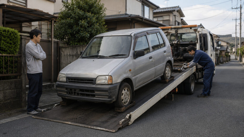 車検切れの軽自動車をレッカーで引き取る様子と不動車買取の流れ
