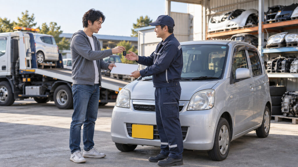 カーネクスト買取で軽自動車を引き渡す利用者と引取スタッフ